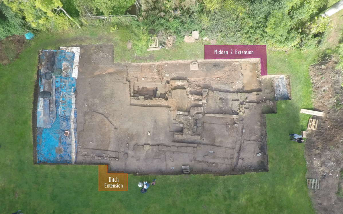 Areas investigated in April, showing the two extensions to the trench